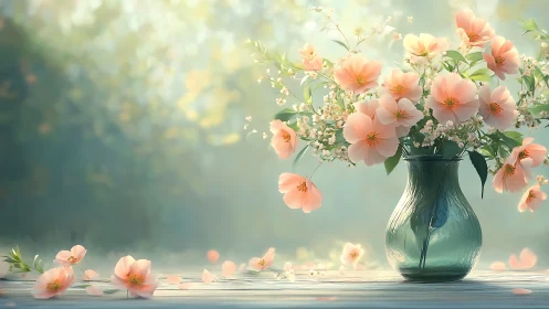 Soft-Focus Floral Arrangement in Translucent Vessel: Photorealistic Still Life Composition.