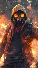Hooded firewalker strides through swirling urban inferno.