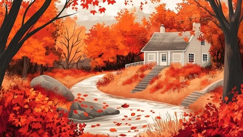 Cozy riverside cottage wrapped in glowing autumn color.