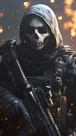 Hooded skull masked soldier holding rifle in burning scene.