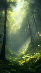 Sunlit forest pathway with tall trees and undergrowth