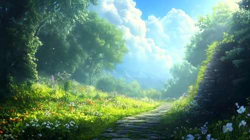 Stone pathway through flowering meadow bordered by trees.