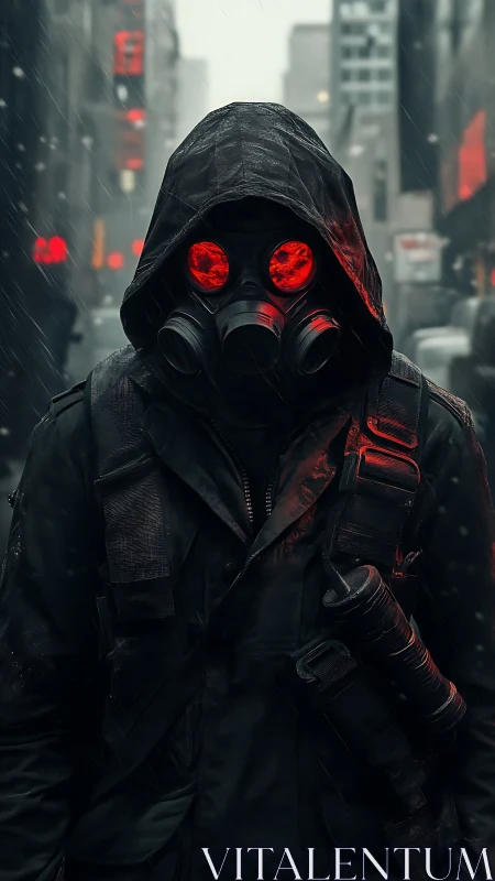Hooded gas mask wanderer stalks a neon lit rainy city.