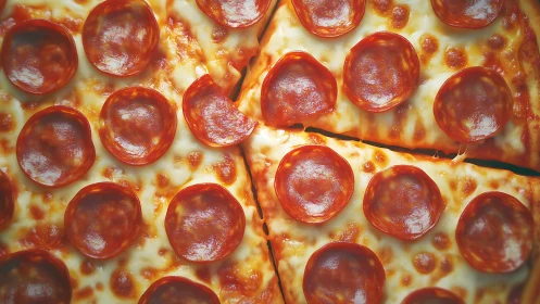 Overhead close-up of pepperoni pizza with melted cheese.