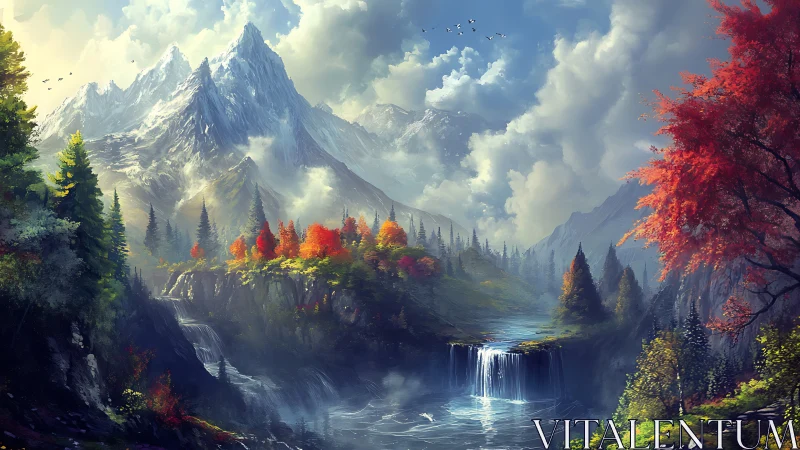Gentle waterfalls beneath bright autumn peaks invite wandering.