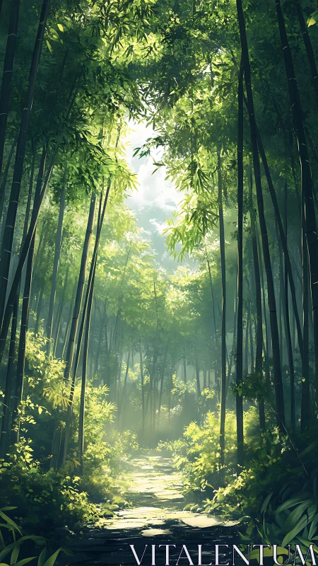 Bamboo forest corridor with filtered sunlight and mist.