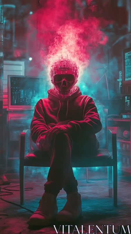 Cyberpunk hacker throne with flaming skull interface construct.