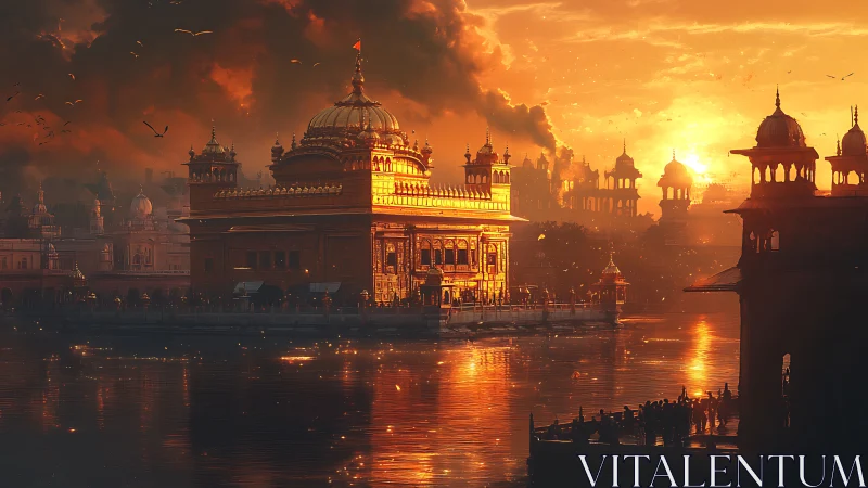 Golden riverside temple reflects intense orange sunset light
