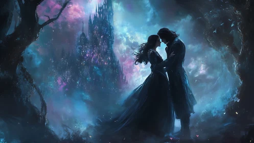 Enchanted Couple Beneath Crystalline Castle in Mystical Realm