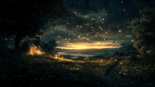 Rural landscape at dusk with cottage, lights, and water.