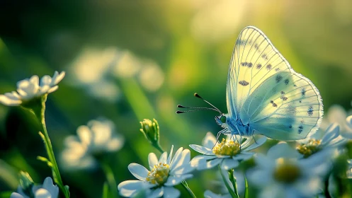 Macro optical study of pale butterfly on sunlit daisies.