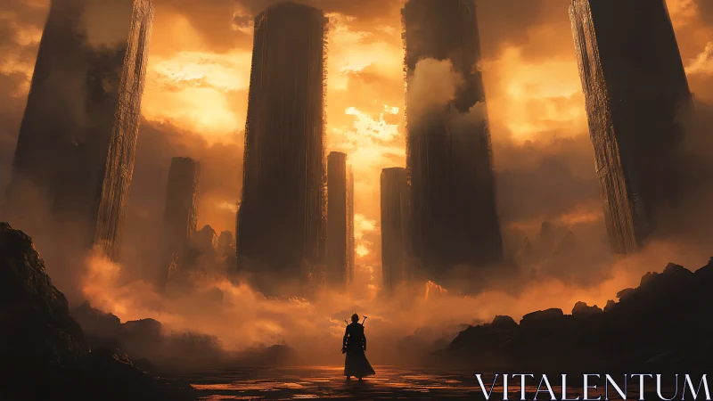 Lone wanderer greeting molten sky among ruin towers.