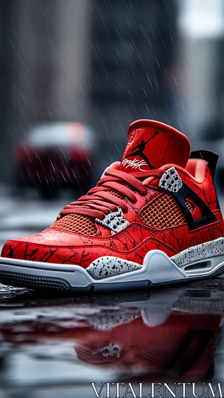 Red basketball sneaker rests on wet urban street in rain