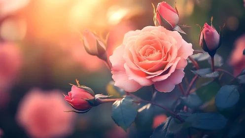 Golden Hour Blooms: Soft Roses Bathed in Warm Sunlight.