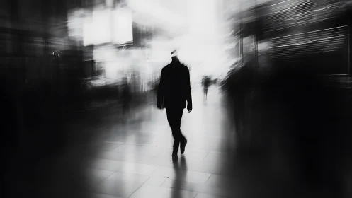 Silhouetted pedestrian moves through blurred urban corridor