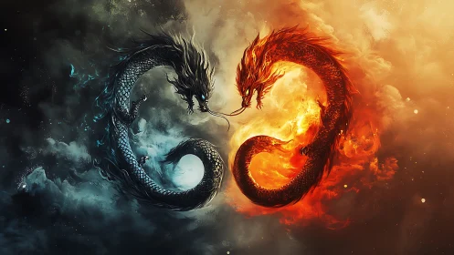 Twin elemental dragons swirling in fiery and frozen harmony.
