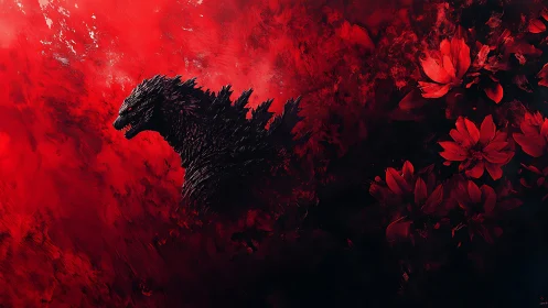 Dark kaiju silhouette over red abstract floral chaos.