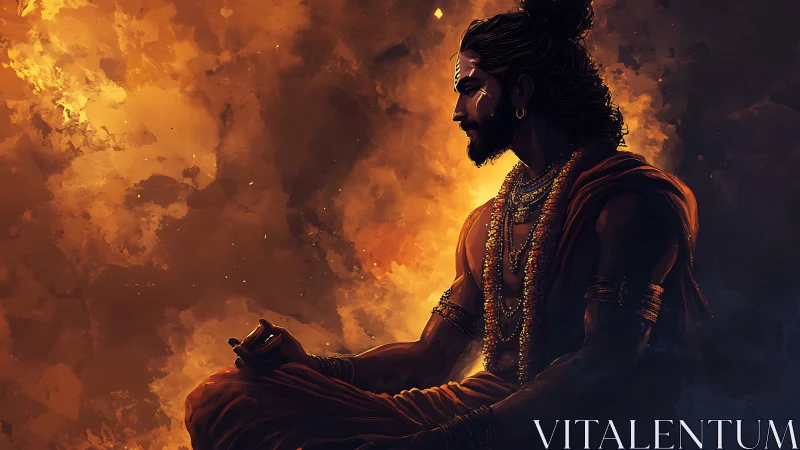 Meditating warrior sage in glowing orange light.