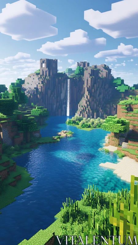 Sunlit pixel river winds toward a peaceful cliffside castle