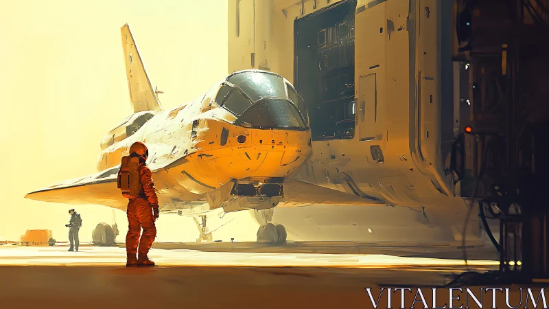 Space shuttle on launch pad with suited astronauts present.