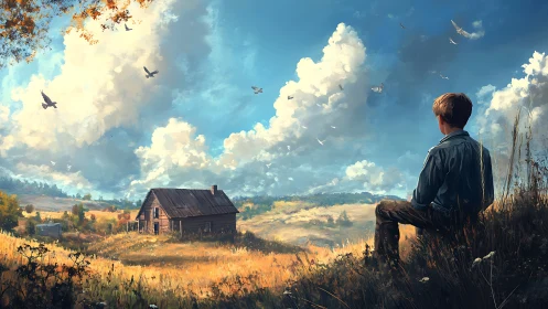 Boy observing rustic farmhouse under expansive sky.