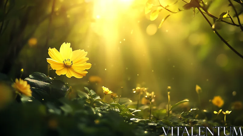 Golden wildflower glowing in cinematic forest light.