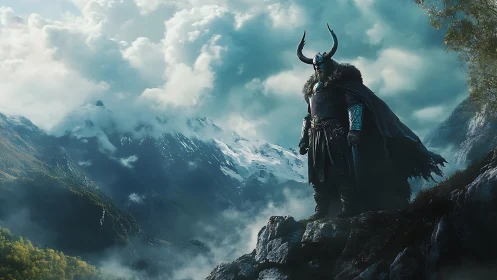 Horned winter warlord weighs storms above the high valley