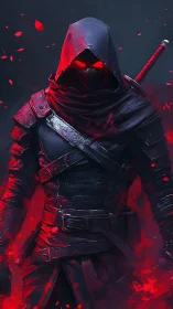 Hooded red‑eyed warrior in dark armor with sword drawn.
