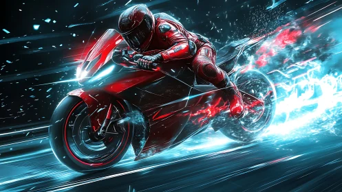 Cyberpunk velocity study with luminous red racing motorcycle.