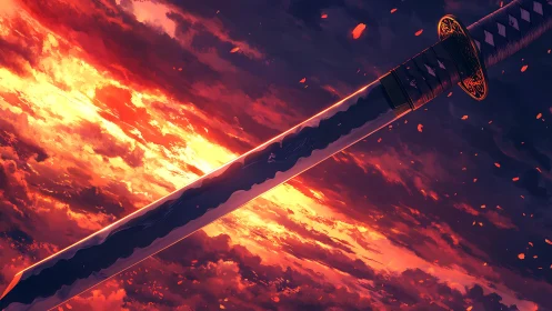 Katana blade with hamon against incendiary sunset stratus field.