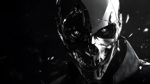 Chrome‑jawed cyborg grins through fractured shadows and starlight