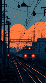 Electrified commuter train under neon dusk rail geometry.