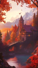 Autumnal alpine manor with stone bridge and reflective river light.