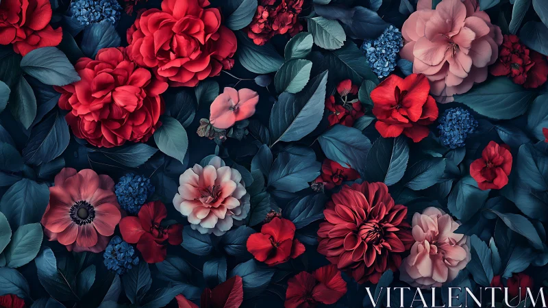 Layered Petals: Crimson Blooms Against Teal Foliage.