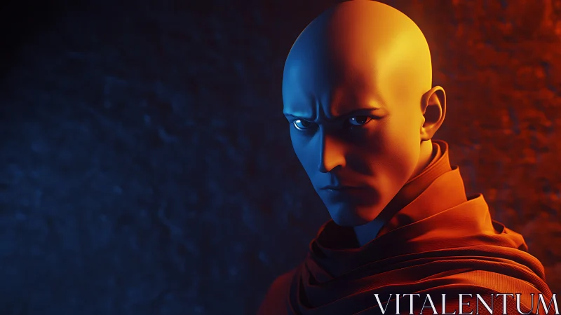 Stoic guardian in blue and orange light, watching quietly.