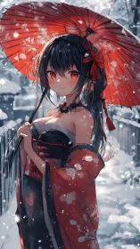 Girl in kimono holds red umbrella on snow covered pathway