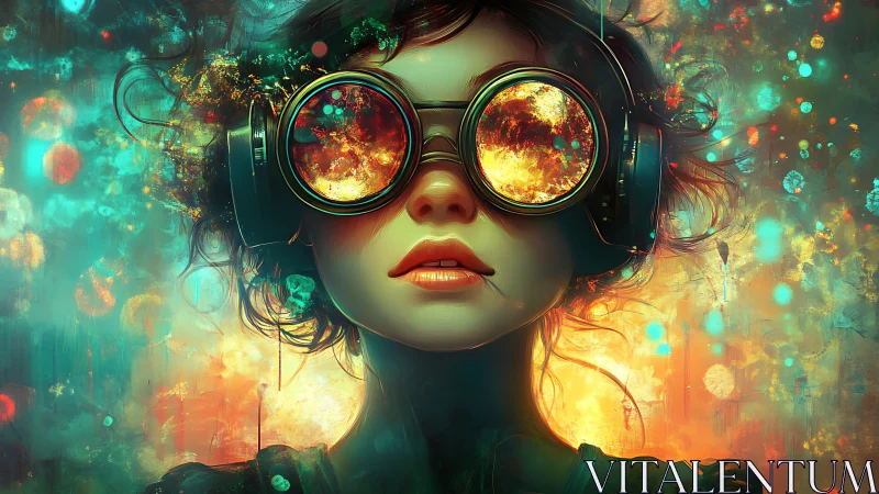 Girl with glowing goggles stares ahead in neon light