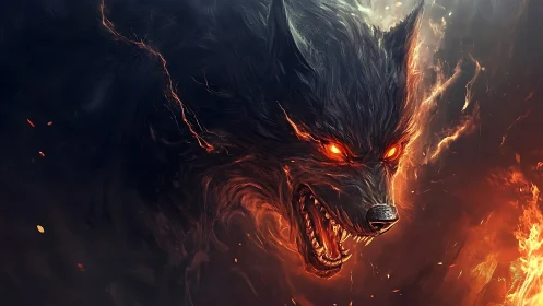 Infernal lupine entity with incandescent ocular combustion field.