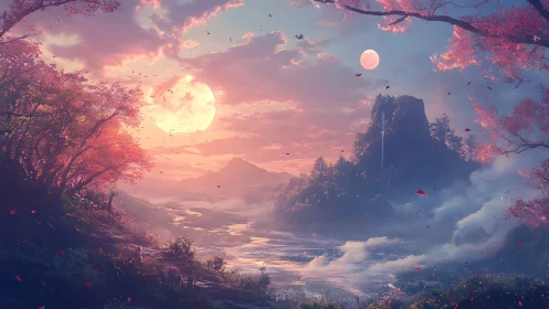 Dual-moon atmospheric river valley in chromatic dusk light.