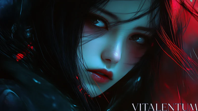 Neon-lit cyber siren in icy blue and crimson haze.