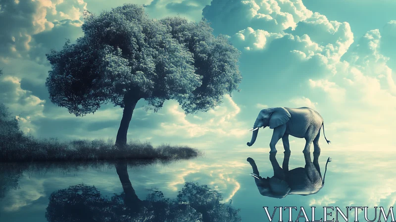 Elephant traversing mirrored waters beneath volumetric cloudscape.