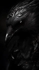 Raven portrait reveals intricate wet feathers in deep shadow
