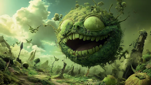 Laughing moss planet hangs over decayed alien valley.