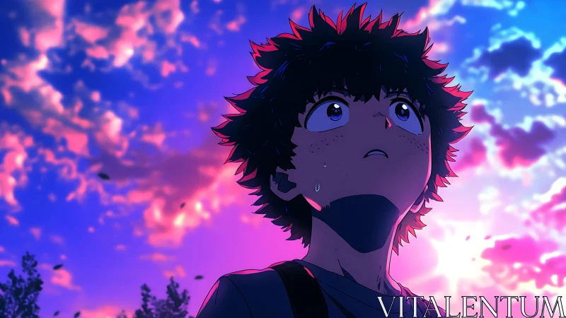 Sky-drenched dreamer freezes beneath a blazing neon dusk