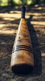Weathered wooden baseball bat on dusty infield surface