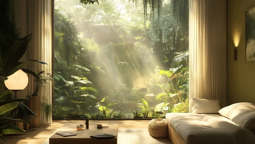 Photorealistic biophilic bedroom with panoramic jungle glazing.
