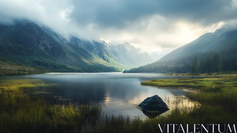 Mountain lake reflects misty valley under diffused sunlight
