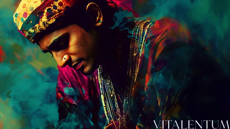 Contemplative portrait of man in colorful traditional attire.