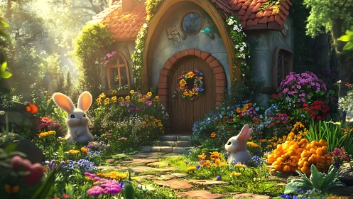 Sunlit cottage garden with stylized rabbits and dense floral foreground