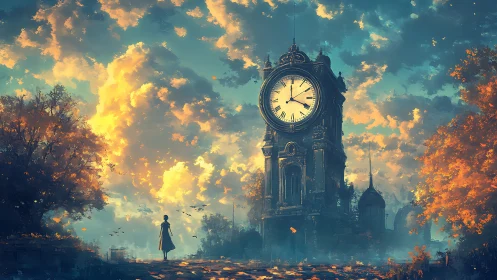 Twilight clocktower dreaming above autumn’s drifting paths.